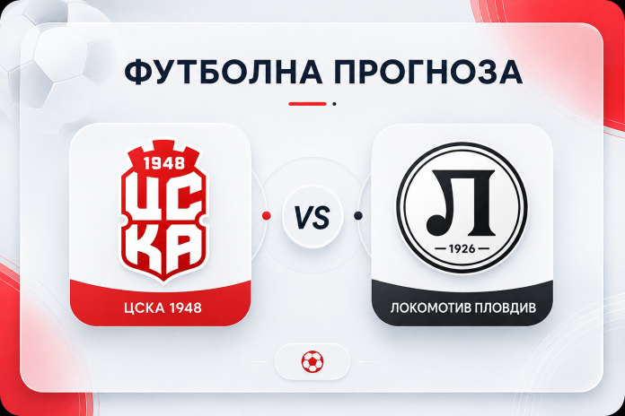 Football forecast graphic: CSKA 1948 vs Lokomotiv Plovdiv logos facing off with a central VS marker and a Cyrillic title above.