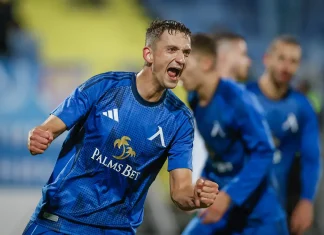 Гашпер Търдин – история, отбори, трофеи и постижения Soccer player in a blue kit celebrates with clenched fists on the field, teammates blurred in the background.
