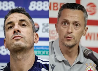 Левски и ЦСКА говорят преди битката за Суперкупата Two men at press conferences side by side: left in dark jersey looking upward, right in gray polo answering questions into a microphone.