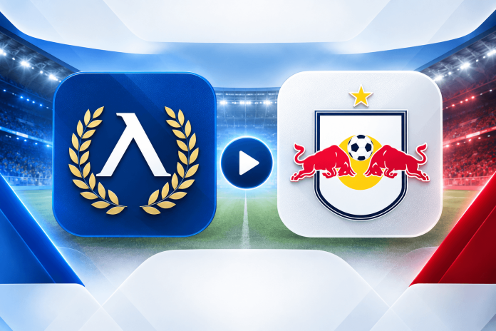 Two app icons on a stadium background: left icon shows a white lambda inside a gold laurel on blue; right icon shows a Red Bull soccer shield with a ball and star.