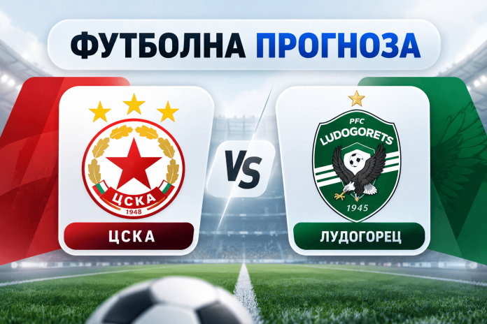 Football match forecast graphic: CSKA vs Ludogorets logos with a 'ФУТБОЛНА ПРОГНОЗА' banner in a stadium background