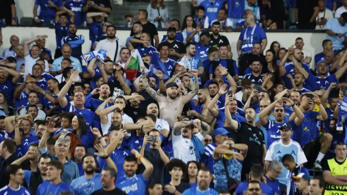 Huge crowd of blue-clad sports fans cheering in a stadium; a shirtless man with arms raised at center.