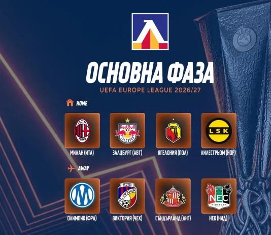 Левски за четвърти път играе в Европа на 22 октомври Main UEFA Europa League screen in Cyrillic with a grid of club badges (Milan, Red Bull Salzburg, and other teams) on a dark blue background and a trophy on the right; captions in Cyrillic beneath each badge.