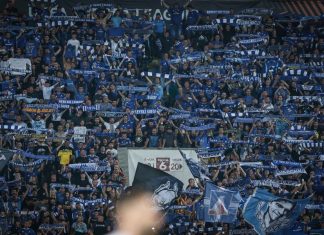 Левски пуска заявки за билети за гостуването на НЕК Large crowd of football fans in blue, waving scarves and banners in stadium stands in support of their team.