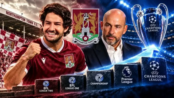 Northampton Town FC player celebrates with coach, with a row of league trophies from EFL League Two to Champions League in the background.