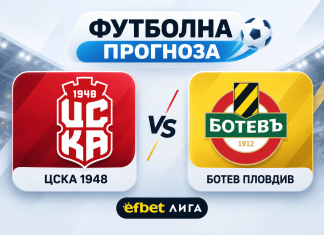 Прогноза за дербито ЦСКА 1948 – Ботев Пловдив: Кой ще надделее? Promotional banner for Efbet Liga showing CSKA 1948 vs Botev Plovdiv logos with a soccer ball in the top-right corner