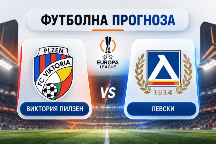 Football match prediction banner: Viktoria Plzen vs Levski in the Europa League, with team crests and VS in the center.