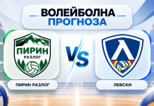 Волейбол: Прогноза за Пирин Разлог – Левски Volleyball match forecast graphic: Pirin Razlog vs Levski with VS in the center.
