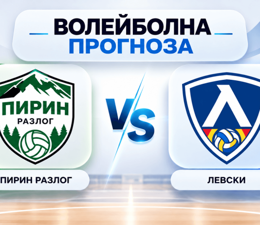 Волейбол: Прогноза за Пирин Разлог – Левски Volleyball match forecast graphic: Pirin Razlog vs Levski with VS in the center.